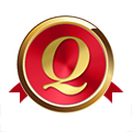 Natural Pharmaceuticals Proletto PLUS Kuldne ja punane ümmargune medaljon, mille keskel on kvaliteeti sümboliseeriv täht „Q“ (Quality). Punane gradientne taust, kuldne ääristus ja külgedelt väljaulatuvad punased paelad - toote kvaliteedimärgistuse graafiline kujutis.