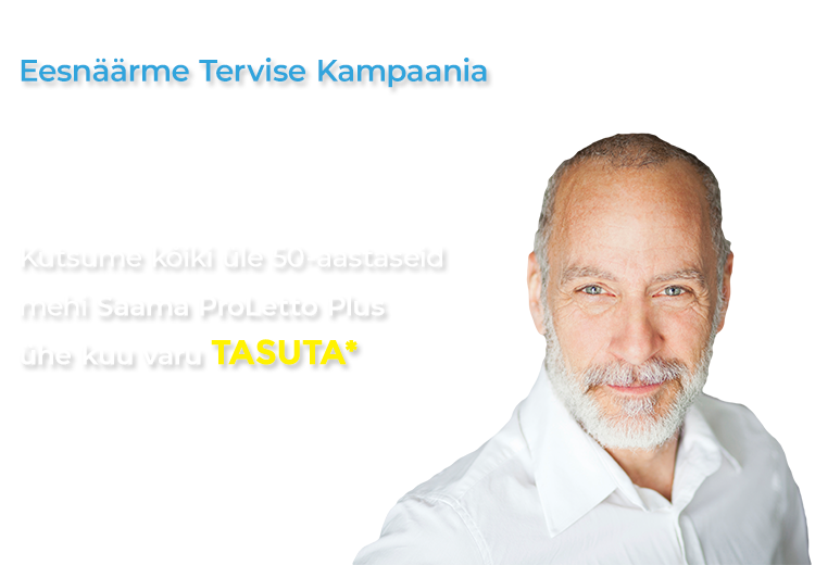 Natural Pharmaceuticals Proletto PLUS Naeratav vanem mees halli habemega ja lühikeste juustega, valge särgiga, graafika paremal pool. Vasakul on eestikeelne tekst, mis reklaamib eesnäärme tervise kampaaniat: „Eesnäärme Tervise Kampaania“ ja teave ProLetto Plus toidulisandi tasuta igakuise proovi kohta üle 50-aastastele meestele.
